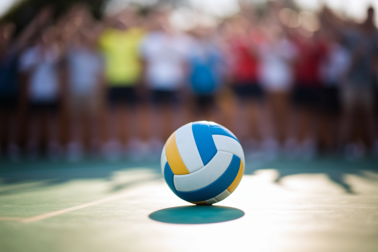 un ballon de volley sur le sol d'un terrain, arrière plan avec une foule de spectateurs, beau temps ensoleillé, bokeh