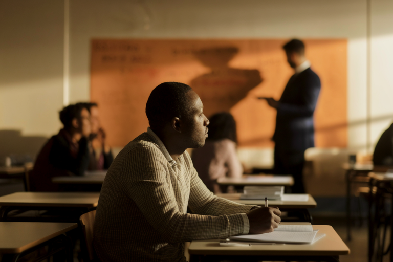 un homme dans une salle de classe pour adulte, en train de regarder le professeur au tableau. focus sur l'homme, bokeh
