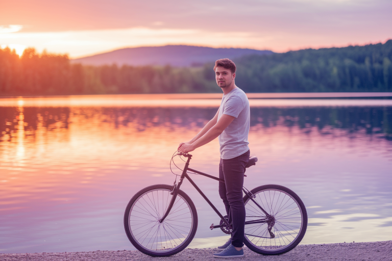 un jeune homme sur un vélo au bord d'un lac, bokeh