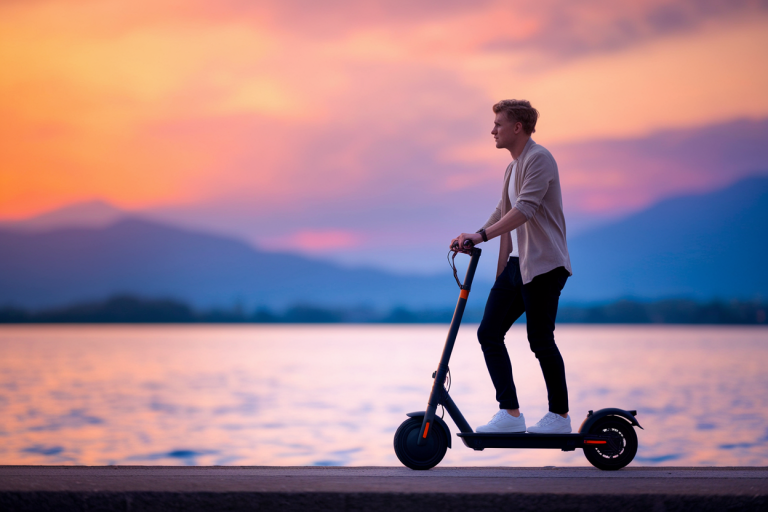 un jeune homme sur une trotinette electrique au bord d'un lac, bokeh