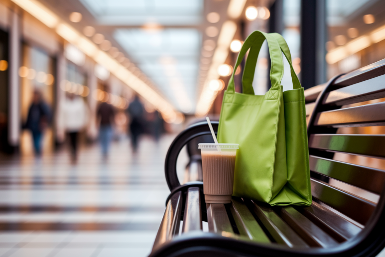 un sac de course et un smoothie posés sur un banc dans un centre commercial, bokeh, sans texte