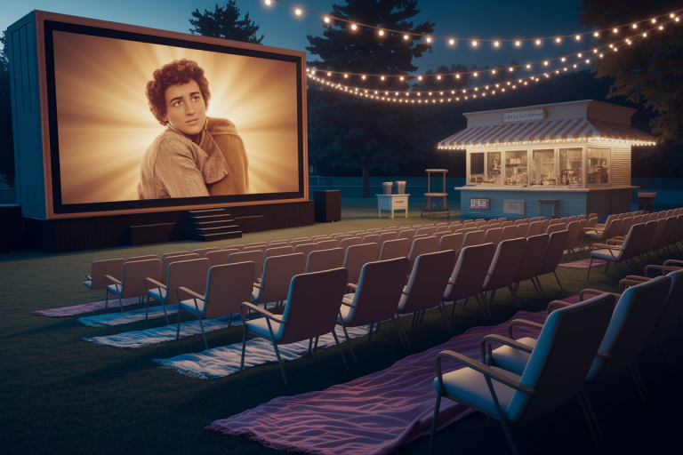 une séance de cinéma en extérieur avec un dessin animé à l'écran, old school, vintage photo