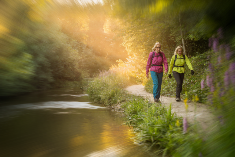 Des marcheurs en train de marcher au bord d'une rivière dans la forêt en tenue de marche, bokeh, flou de mouvement