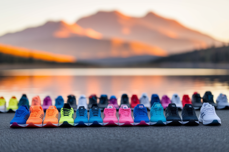 la ligne de départ d'une course à pied, focus sur les chaussures des participants, arrière plan lac et montagne, bokeh