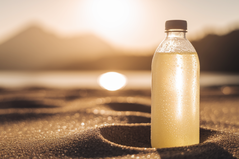 Sous un soleil intense, une bouteille de limonade frâiche est posée sur le sable. Focus sur la bouteille qui perle avec des gouttes d'eau. Arrière plan lac et montagnes, bokeh