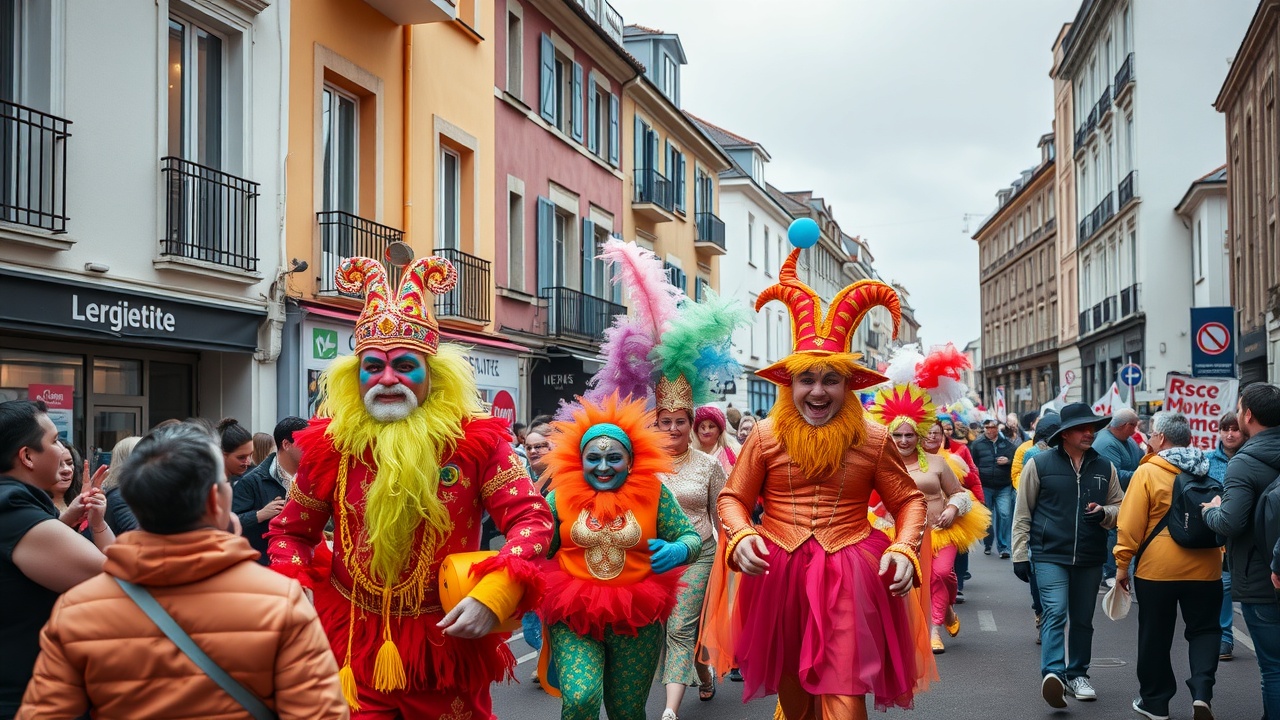 une parade joyeuse dans une rue avec des gens portant des costumes colorés